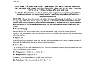 Tiêu chuẩn quốc gia TCVN 10641:2014 (AOAC 984.27) về Thực phẩm - Xác định hàm lượng canxi, đồng, sắt, magie,mangan, phospho, kali, natri và kẽm trong thức ăn công thức dành cho trẻ sơ sinh - Phương pháp đo phổ phát xạ plasma cảm ứng cao tần