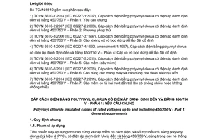 Tiêu chuẩn quốc gia TCVN 6610-1:2014 (IEC 60227-1:2007) về Cáp cách điện bằng polyvinyl clorua có điện áp danh định đến và bằng 450/750 V - Phần 1: Yêu cầu chung