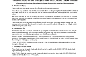Tiêu chuẩn quốc gia TCVN 10295:2014 (ISO/IEC 27005:2011) về Công nghệ thông tin – Các kỹ thuật an toàn – Quản lý rủi ro an toàn thông tin