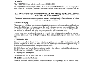 Tiêu chuẩn quốc gia TCVN 10087:2013 (EN 646:2006) về Giấy và cáctông tiếp xúc với thực phẩm – Xác định độ bền màu của giấy và cáctông được nhuộm màu
