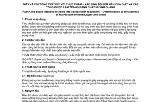 Tiêu chuẩn quốc gia TCVN 10089: 2013 (EN 648:2006) về Giấy và cáctông tiếp xúc với thực phẩm – Xác định độ bền màu của giấy và cáctông được làm trắng bằng chất huỳnh quang