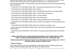 Tiêu chuẩn quốc gia TCVN 9729-12:2013 (ISO 8528-12:1997) về Tổ máy phát điện xoay chiều dẫn động bởi động cơ đốt trong kiểu pit tông – Phần 12: Cung cấp thiết bị nguồn điện khẩn cấp cho các thiết bị an toàn