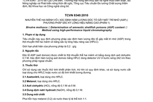 Tiêu chuẩn Việt Nam TCVN 8340:2010 về nhuyễn thể hai mảnh vỏ - Xác định hàm lượng độc tố gây mất trí nhớ (ASP) - Phương pháp sắc ký lỏng hiệu năng cao