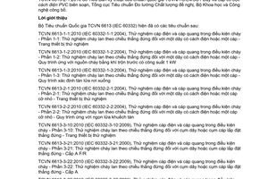 Tiêu chuẩn quốc gia TCVN 6613-2-1:2010 (IEC 60332-2-1:2004) về Thử nghiệm cáp điện và cáp quang trong điều kiện cháy – Phần 2-1: Thử nghiệm cháy lan theo chiều thẳng đứng đối với một dây có cách điện hoặc một cáp cỡ nhỏ – Trang thiết bị thử nghiệm