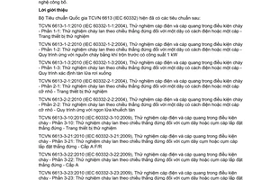 Tiêu chuẩn quốc gia TCVN 6613-3-21:2010 (IEC 60332-3-21:2000) về Thử nghiệm cáp điện và cáp quang trong điều kiện cháy – Phần 3-21: Thử nghiệm cháy lan theo chiều thẳng đứng đối với cụm dây hoặc cụm cáp lắp đặt thẳng đứng – Cấp A F/R