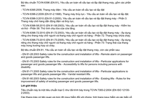 Tiêu chuẩn quốc gia TCVN 6396-73:2010 (EN 81-73:2005) về Yêu cầu an toàn về cấu tạo và lắp đặt thang máy - Áp dụng riêng cho thang máy chở người và thang máy chở người và hàng - Phần 73: Trạng thái của thang máy trong trường hợp có cháy