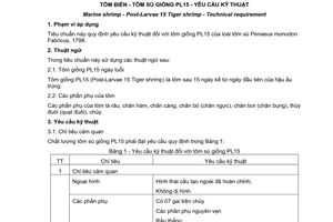 Tiêu chuẩn quốc gia TCVN 8398:2012 về Tôm biển - Tôm sú giống PL15 - Yêu cầu kỹ thuật