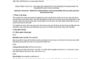 Tiêu chuẩn quốc gia TCVN 9149:2012 về Công trình thủy lợi - Xác định độ thấm nước của đá bằng phương pháp thí nghiệm ép nước vào lỗ khoan