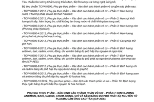 Tiêu chuẩn quốc gia TCVN 8900-7:2012 về Phụ gia thực phẩm - Xác định các thành phần vô cơ - Phần 7: Định lượng antimon, bari, cadimi, crom, đồng, chì và kẽm bằng đo phổ phát xạ nguyên tử plasma cảm ứng cao tần (ICP-AES)