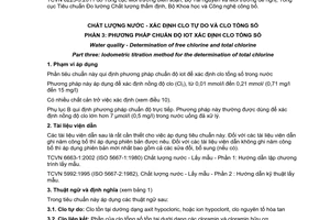 Tiêu chuẩn quốc gia TCVN 6225-3:2011 (ISO 7393-3:1990) về Chất lượng nước - Xác định clo tự do và clo tổng số - Phần 3: Phương pháp chuẩn độ iot xác định clo tổng số