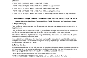 Tiêu chuẩn quốc gia TCVN 6700-2:2011 về Kiểm tra chấp nhận thợ hàn - Hàn nóng chảy - Phần 2: Nhôm và hợp kim nhôm