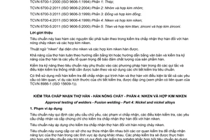 Tiêu chuẩn quốc gia TCVN 6700-4:2011 (ISO 9606-4:1999) về Kiểm tra chấp nhận thợ hàn - Hàn nóng chảy - Phần 4: Niken và hợp kim niken