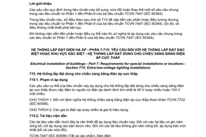 Tiêu chuẩn quốc gia TCVN 7447-7-715:2011 (IEC 60364-7-715:1999) về Hệ thống lắp đặt điện hạ áp - Phần 7-715: Yêu cầu đối với hệ thống lắp đặt đặc biệt hoặc khu vực đặc biệt - Hệ thống lắp đặt dùng cho chiếu sáng bằng điện áp cực thấp