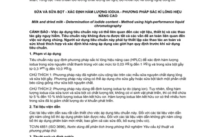 Tiêu chuẩn quốc gia TCVN 7080:2010 (ISO 14378:2009/IDF 167:2009) về Sữa và sữa bột – Xác định hàm lượng iodua – Phương pháp sắc kí lỏng hiệu năng cao