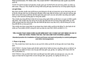 Tiêu chuẩn quốc gia TCVN 7413:2010 (ASTM F 1356: 2008) về Tiêu chuẩn thực hành chiếu xạ để kiểm soát các vi sinh vật gây bệnh và các vi sinh vật khác trong thịt đỏ, thịt gia cầm tươi và đông lạnh