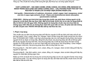 Tiêu chuẩn quốc gia TCVN 6496:2009 (ISO 11047 : 1998) về Chất lượng nước - Xác định cadimi, crom, coban, chì, đồng, kẽm, mangan và niken trong dịch chiết đất bằng cường thủy - Các phương pháp phổ hấp thụ nguyên tử ngọn lửa và nhiệt điện (không ngọn lửa)