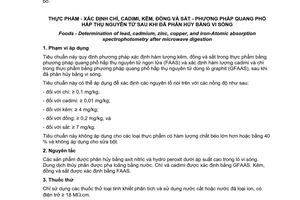 Tiêu chuẩn Việt Nam TCVN 8126:2009 về thực phẩm - Xác định hàm lượng chì, cadimi, kẽm, đồng và sắt - Phương pháp quang phổ hấp thụ nguyên tử sau khi đã phân hủy bằng vi sóng