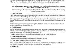 Tiêu chuẩn quốc gia TCVN 6123:2007 (ISO 3596:2000) về Dầu mỡ động vật và thực vật - Xác định chất không xà phòng hoá - Phương pháp dùng chất chiết dietyl ete