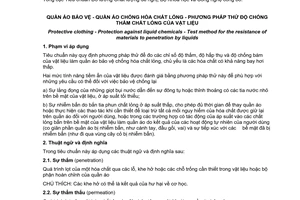 Tiêu chuẩn quốc gia TCVN 6691:2007 (ISO 6530 : 2005) về Quần áo bảo vệ - Quần áo chống hoá chất lỏng - Phương pháp thử độ chống thấm chất lỏng của vật liệu