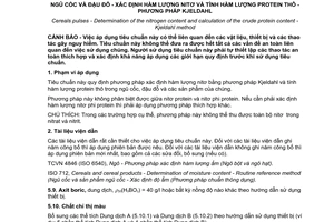 Tiêu chuẩn Việt Nam TCVN 8125:2009 (ISO 20483:2006) về ngũ cốc và đậu đỗ - Xác định hàm lượng nitơ và tính hàm lượng protein thô - Phương pháp Kjeldahl