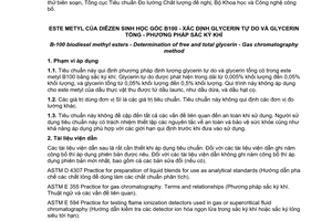 Tiêu chuẩn quốc gia TCVN 7867:2008 (ASTM D 6584 - 07) về Este metyl của điêzen sinh học gốc B100 - Xác định Glycerin tự do và glycerin tổng - Phương pháp sắc ký khí