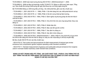 Tiêu chuẩn quốc gia TCVN 6852-9:2008 (ISO 8178-9 : 2000, With Amendment 1: 2004) về Động cơ đốt trong kiểu pít tông - Đo chất phát thải - Phần 9: Chu trình thử và quy trình thử để đo trên băng thử khói khí thải từ động cơ cháy do nén hoạt động ở chế độ chuyển tiếp