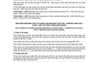 Tiêu chuẩn quốc gia TCVN 7683-1:2007 (ISO 1701 - 1 : 2004) về Điều kiện kiểm máy phay có chiều cao bàn máy thay đổi - Kiểm độ chính xác - Phần 1: Máy có trục chính nằm ngang