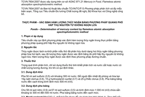Tiêu chuẩn Việt Nam TCVN 7604:2007 về thực phẩm - xác định hàm lượng thủy ngân bằng phương pháp quang phổ hấp thụ nguyên tử không ngọn lửa