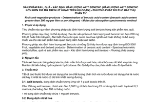 Tiêu chuẩn Việt Nam TCVN 7810:2007 về sản phẩm rau, quả - Xác định hàm lượng axit benzoic (hàm lượng axit benzoic lớn hơn 200 mg trên lít hoặc trên kilogam) - Phương pháp đo phổ hấp thụ phân tử