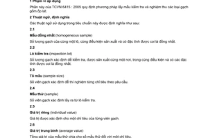 Tiêu chuẩn Việt Nam TCVN 6415-1:2005 về Gạch gốm ốp lát - Phương pháp thử - Phần 1: Lấy mẫu và nghiệm thu sản phẩm do Bộ Khoa học và Công nghệ ban hành