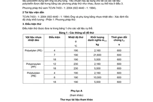 Tiêu chuẩn Việt Nam TCVN 7433-2:2004 (ISO 4440-2 : 1994) về Ống và phụ tùng bằng nhựa nhiệt dẻo - Xác định tốc độ chảy khối lượng - Phần 2: Điều kiện thử do Bộ Khoa học và Công nghệ ban hành