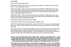 Tiêu chuẩn quốc gia TCVN6147-2:2003 (ISO 2507-2:1995) về Ống và phụ tùng nối bằng nhựa nhiệt dẻo - Nhiệt độ hoá mềm Vicat -
Phần 2: Điều kiện thử dùng cho ống và phụ tùng nối bằng poly (vinyl clorua) không hóa dẻo (PVC-U) hoặc bằng poly (vinyl clorua) clo hoá (PVC-C) và cho ống nhựa bằng poly (vinyl clorua) có độ bền va đập cao (PVC-HI)