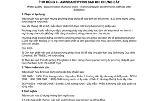 Tiêu chuẩn Việt Nam TCVN 6216:1996 (ISO 6439 : 1990)
về chất lượng nước - Xác định chỉ số phenol - Phương pháp trắc phổ dùng 4-aminoantipyrin sau khi chưng cất do Bộ Khoa học Công nghệ và Môi trường ban hành