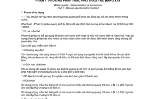 Tiêu chuẩn Việt Nam TCVN 6179 -1:1996 (ISO 7150/1: 1984 (E)) về chất lượng nước - Xác định amoni - Phần 1: Phương pháp trắc phổ thao tác bằng tay do Bộ Khoa học Công nghệ và Môi trường ban hành