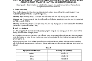 Tiêu chuẩn Việt Nam TCVN 6193:1996 (ISO 8288: 1986 (E)) về chất lượng nước - xác định coban, niken, đồng kẽm, cađimi và chì - phương pháp trắc phổ hấp thụ nguyên tử ngọn lửa do Bộ Khoa học Công nghệ và Môi trường ban hành