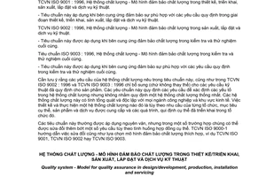 Tiêu chuẩn Việt Nam TCVN ISO 9001:1996 (ISO 9001 : 1994) về Hệ thống chất lượng - Mô hình đảm bảo chất lượng trong thiết kế, triển khai sản xuất, lắp đặt và dịch vụ kỹ thuật do Bộ Khoa học Công nghệ và Môi trường ban hành