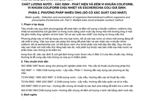 Tiêu chuẩn Việt Nam TCVN 6187-2:1996 (ISO 9308/2: 1990 (E)) về chất lượng nước - Xác định - Phát hiện và đếm vi khuẩn coliform - Vi khuẩn coliform chịu nhiệt và escherichia coli giả định: phần 2: phương pháp nhiều ống (số có xác suất cao nhất) do Bộ Khoa học Công nghệ và Môi trường ban hành