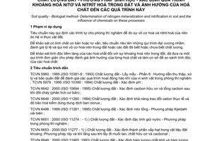 Tiêu chuẩn Việt Nam TCVN 6653:2000 (ISO 14238 : 1997) về chất lượng đất - Phương pháp sinh học - Xác định quá trình khoáng hoá nitơ và nitrit hoá trong đất và ảnh hưởng của hoá chất đến các quá trình này do Bộ Khoa học Công nghệ và Môi trường ban hành