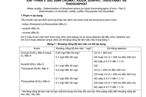 Tiêu chuẩn Việt Nam TCVN 6494-3:2000 (ISO 10304-3 : 1997) về chất lượng nước - Xác định các anion hoà tan bằng sắc ký lỏng ion - Phần 3 - Xác định cromat, iodua, sunfit, thioxyanat và thiosunfat do Bộ Khoa học Công nghệ và Môi trường ban hành