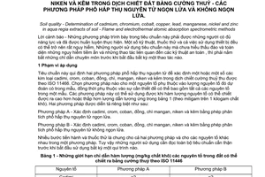 Tiêu chuẩn Việt Nam TCVN 6496:1999 (ISO 11047 : 1995) về chất lượng đất - xác định cađimi, crom, coban, đồng chì, mangan, niken và kẽm trong dịch chiết đất bằng cường thuỷ - các phương pháp phổ hấp thụ nguyên tử ngọn lửa và không ngọn lửa do Bộ Khoa học Công nghệ và Môi trường ban hành