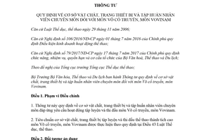 Thông tư 14/2018/TT-BVHTTDL cơ sở vật chất trang thiết bị môn Võ cổ truyền môn Vovinam