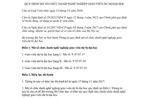 Thông tư 06/2017/TT-BNV quy định mã số chức danh nghề nghiệp giáo viên dự bị đại học