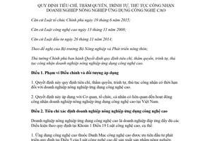 Quyết định 19/2018/QĐ-TTg thủ tục công nhận doanh nghiệp nông nghiệp ứng dụng công nghệ cao
