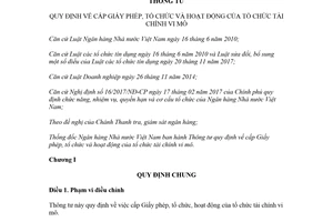 Thông tư 03/2018/TT-NHNN cấp Giấy phép tổ chức và hoạt động của tổ chức Tài chính vi mô
