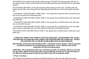 Tiêu chuẩn quốc gia TCVN 6507-5:2013 (ISO 6887-5:2010) về vi sinh vật trong thực phẩm và thức ăn chăn nuôi - Chuẩn bị mẫu thử, huyền phù ban đầu và dung dịch pha loãng thập phân để kiểm tra vi sinh vật - Phần 5: Các nguyên tắc cụ thể để chuẩn bị mẫu sữa và sản phẩm sữa