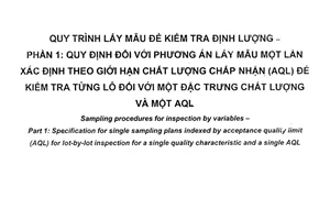 Tiêu chuẩn quốc gia TCVN 8243-1:2009 (ISO 3951-1 : 2005) về Quy trình lấy mẫu để kiểm tra định lượng - Phần 1: Quy định đối với phương án lấy mẫu một lần xác định theo giới hạn chất lượng chấp nhận (AQL) để kiểm tra từng lô đối với một đặc trưng chất lượng và một AQL