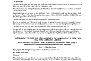 Tiêu chuẩn quốc gia TCVN 7303-2-16:2007 (IEC 60601-2-16:1998) về Thiết bị điện y tế - Phần 2-16: Yêu cầu riêng về an toàn của thiết bị thẩm tách máu, thẩm lọc máu và lọc máu