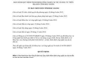 Quyết định 28/2017/QĐ-UBND Quy định thẩm định công nghệ dự án đầu tư Bắc Giang