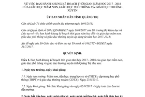 Quyết định 2150/QĐ-UBND 2017 khung kế hoạch thời gian năm học mầm non phổ thông Quảng Trị