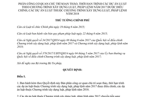 Quyết định 1183/QĐ-TTg 2017 soạn thảo thời hạn trình dự án luật Chương trình xây dựng luật 2018